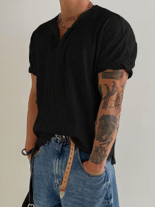 DAVID&ME | Lightweight Breathable Mens Henry Neck Waffle Tee Shirt