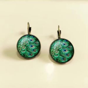 Vintage Green Peacock Feather Earrings For Women Bronze Plated Glass Dome Cabochon Earrings Jewelry