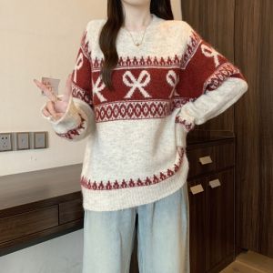 Christmas New Year Atmosphere Knitted Sweater Womens Autumn Winter Loose Fit Korean Style Long Sleeve round Neck Top