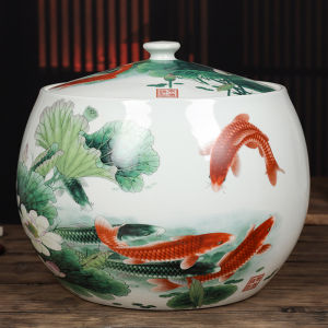 Jingdezhen Ceramic Rice Tub Household Use 10kg Sealed with Lid Anti-Insect Moisture Proof Storage Container Kitchen Utensil