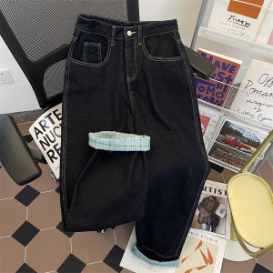 Retro American Roll Edge Jeans Men Spring Autumn 2024 New Plaid Splicing Loose Straight Leg Pants Youth Fashion Casual Jeans