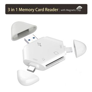 3 In 1 Memory Card Reader With Triangle Magnetic Cap USB-C USB Lightning Port Support TF/SD For PC Laptop MacBook Smart Phone