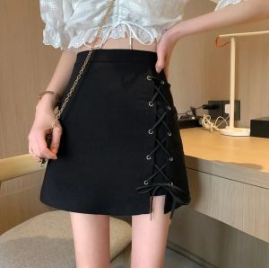 Pinggang elastik yang tinggi mengikat Skirt pendek untuk wanita musim panas gadis pedas reka bentuk fesyen Hip bungkus Skirt a-line