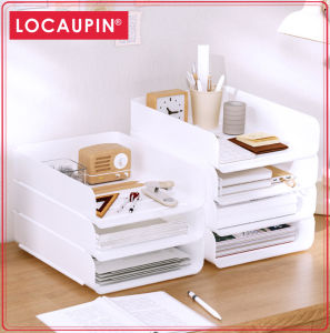 Locaupin Office Desktop Table Stackable Desktop Letter Tray A4 Paper Document Tray Organizer Plastic Desk File Rack for Magazine Receipts
