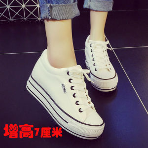 Elevated Heel Canvas Shoes for Women Casual Cross Buckle Korean Style Spring Autumn Versatile Low Top round Toe Rubber Sole