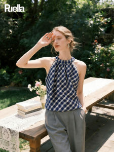 puella | Korean Style Round Neck Plunge Color-blocked Checked Blouse