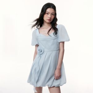 TAMMY TANGS | Dreamy Blue Flower Bud Princess Dress Short Sleeve Organza Summer New Arrival Womens Dress City Commute Work Date Party