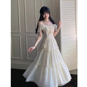 Váy Dài Tay Áo Cánh Fairy French Gentle Lace Trim Strap Dress Nữ Thanh Lịch Ngọt Ngào Đầu Tiên Váy Midi Chữ a Mùa Hè