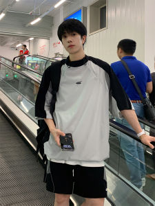 Retro Casual Sports Suit Mens Summer Trendy Loose Color Block Mountain Series Short Sleeve Shorts Quick Dry Training Set