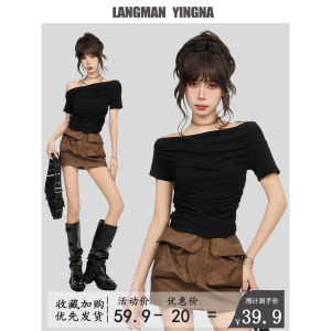 Black Shoulder Bared Short Sleeve T Shirt Women Summer Design Slim Fit High Waist Short Style Spicy Girl Top Korean Version