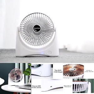 Quạt Để Bàn Tích Điện Mini Supper Fan Xoay 120 Độ Với 3 Cấp Độ Gió Siêu Mát Động Cơ Không Chổi Than