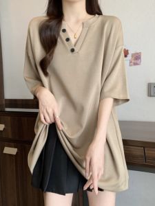 K-style V Neck Mid Length Long Length Pure Color T-shirt Female Summer Plus Size Slightly Fat Sister Simple Comfortable Slim Fit Slimming Tops