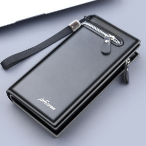 Slim Long Leather Wallet for Men with Zipper Large Capacity Storage for Documents Cash Card Holder Business Style Polyester Lining