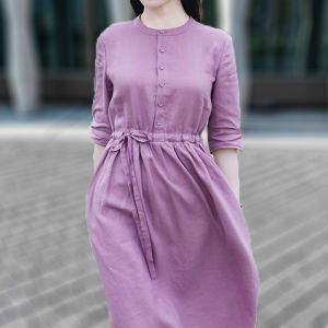 Original Ethnic Style Womens Cotton Linen Dress Fashionable  Travel Art Long Skirt Commute Pure Color Stand Collar Dress