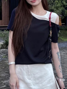 Shalldoer | เสื้อยืดแขนสั้นผู้หญิงแบบสวมหัวสไตล์ลำลอง ปกโปโล สีบล็อก ทรงเข้ารูป คอกลม ความยาวปกติ ฤดูร้อน 2025 เสื้อผ้าทำงานแบบลำลอง