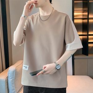 ROMON | Lormen Mens Short Sleeve T-shirt Summer Thin Round Neck Printed Youth Fashion Ice Silk Top Loose Fit Polyester Spring Season