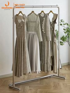 VNS-032 Sào Giá Treo Quần Áo Inox 304 Không Ri Sét Cao 1M5 Có Bánh Xe. Xào Inox Chân Chữ C.