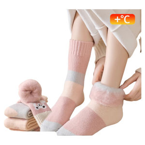 Extra Thick Woolen Socks Womens Autumn Winter Fleece Lined Long Tube Socks Cashmere Warm mid Tube Pink Fluffy Wool Socks