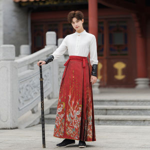 Red Long Sleeve Mens Hanfu Set with Shirt Traditional Chinese Style Polyester Fiber Embroidered Youth Travel Spring Outfit