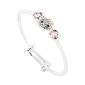 Sanrio | Cute Hello Kitty Crystal Bangle Zinc Alloy with Sparkly Rhinestone Kitty Head Silver Tone Adjustable Wristband