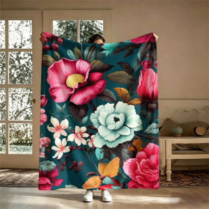 Potdemiel | Pink White Yellow Flowers Flannel Blanket Soft Warm Christmas Halloween Blanket for Lightweight Cozy Room Home Decor Gifts