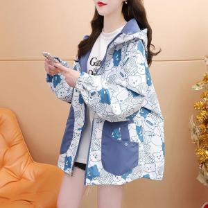 Girls Double-Sided Wearable Spring Autumn Jacket High School Coat Polyester Fiber Korean Style Zipper Closure Cartoon Pattern