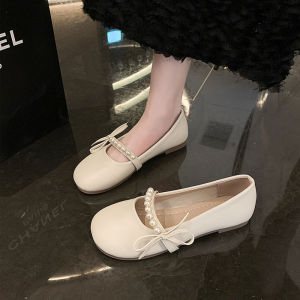 French Style Mary Jane Shoes Womens Spring New Pearl Bow Knot Bean Bean Shoes Gentle Fashion Single Shoes round Head Rubber Outsole