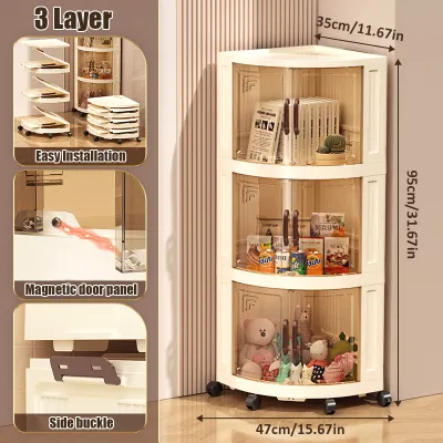 Ainossi No-Assembly Folding Corner Storage Cabinet with Wheels 3-5Tier Stackable Plastic Organizer for Kitchen/Bathroom/Living Room Transparent Door & Space Saving Design