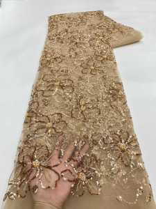 Gold Luxury African Groom Sequins Lace Fabric 2026 5 Yards Beautiful French Tulle Lace Fabric Nigerian for Party Wedding Dresses