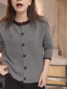 Fashion Casual Heart Buckle Long Sleeve Knitted Sweater Womens Autumn New Style Color Block Design round Neck Open Cardigan Top