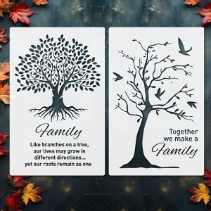 2 Pcs A4 Family Tree Stencil Set - "Family" and "Together We Make a Family" with Birds Perfect for Home Decor DIY Crafts