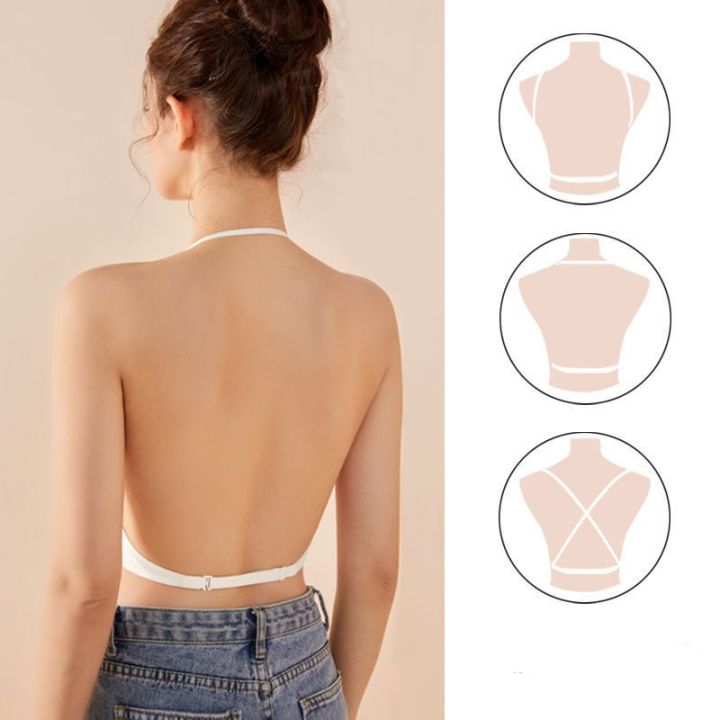 Free Shipping】Sexy Backless Bra for Women Lace Deep U Low Back Bralette  Thin Cup Bra Halter Soft Seamless Elastic Underwear Tank Tops