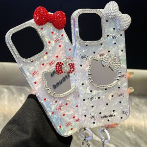 เคสโทรศัพท์ IMD กรอบเพชร3D กระจกคิตตี้และโบว์รูปหัวใจพร้อมสร้อยข้อมือสำหรับ iPhone 11 12 13 14 15 16ซีรีส์