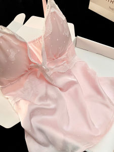 Pink Ice Silk HelloKitty Embroidery Womens Sleepwear Set with Strap Chest Pad Two-Piece Home Clothes V-Neck Short Sleeve