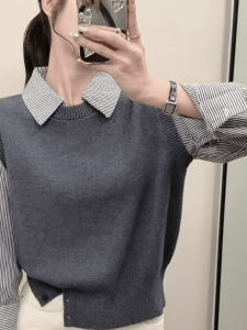 Korean Style Fake Two-Piece Sweater New Splicing Stripes Bottom Opening Knitted Top Women Simple Elegance High-End Feeling
