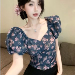 GUZILIAN | Retro Korean Style Floral Print Off Shoulder Chiffon Top Womens Summer Slim Fit Bubble Sleeve Square Neckline Trendy Blouse