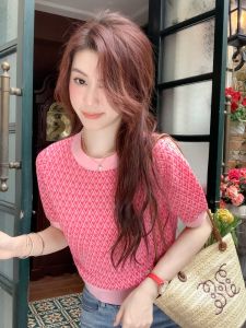 Luxurious Unique Street Style Short Sleeve T-Shirt Womens Pink Shiny Thread Embroidery Top Fashionable Casual Summer New Arrival