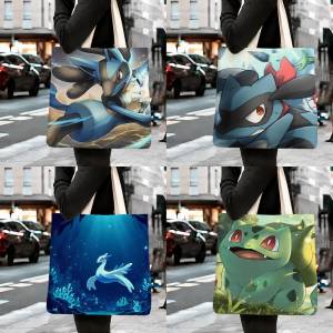 Bandai | Pokemon Lucario Storage Bags Tote Bag Travel Summer Beach Shoulder Bag Reusable Grocery Shopping Bag Anime Artwork