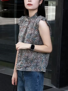 UYFY | Floral Print Stand Collar Sleeveless Top For Women Summer New Style Vintage Gentle French Style Commuting Lace Sleeve Shirt