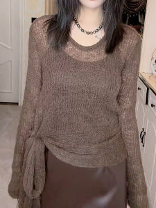 SUOXIMENG | Large Size Coffee Round Neck Tied Hollow Knitted Sweater Womens Fashion Trendy Vintage Autumn New Style Moisture Wicking Long Sleeve