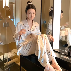Korean Cooling Ice Silk Womens Skin-Friendly Premium Polka Dot Pajama Set Loose Casual Loungewear
