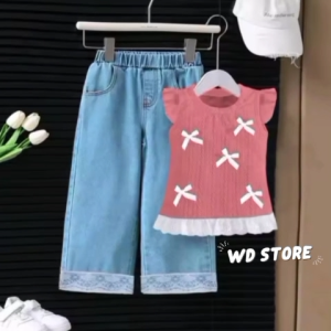 Setelan Terbaru Baju Anak Perempuan Denim Panjang Knit Pita Usia 1-5 Tahun
