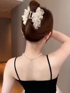Rhinestone Hair Clip for Woman Elegant Korean Style Mesh Flower Shark Clip Fashion Girl Ponytail Clip Hair Clamp