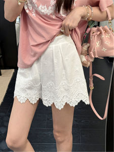 QIAONIAOGE | French Romantic White Lace Shorts Women Summer Elastic Waist Pleated Embroidered Trim Casual Hot Pants High Waist Slim Fit