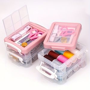1 Set Portable Sewing Needle and Thread Box Set with Three Layers of Handmade Needle and Thread Storage Box Transparent Storage