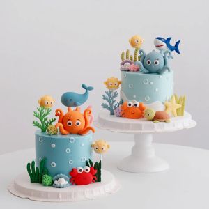 Under The Sea Cake Topper Set Orange Octopus Dolphin Crab Agouti for Boys Girls Birthday Baby Shower Marine Theme Party Decor