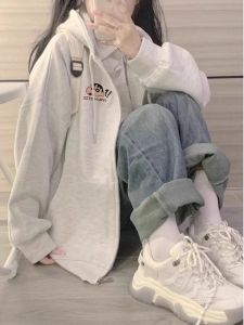 Spring and Autumn Hooded Fleece-lined Trendy Thin Cardigan Womens Loose Zip/Sweatshirt Jacket Crayon Xiaoxin Print