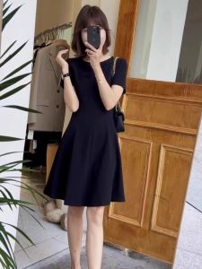 Summer 2024 French Style Minimalist Short Sleeve Slimming Waist Dress Commute Fashion High Waist A-Line Skirt Polyester Fiber