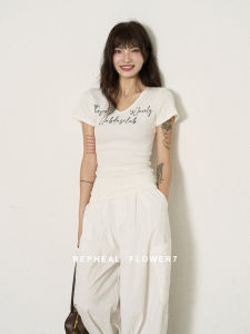 Áo Thun Nữ Tay Ngắn Cổ Chữ V in Họa Tiết Mùa Hè Thường Ngày Ôm Vừa Vặn Phong Cách Hàn Quốc Cotton Thoáng Khí