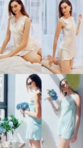 Đầm ngủ phi lụa wannabe dns11 cổ tim phối ren  nữ tính nhẹ nhàng